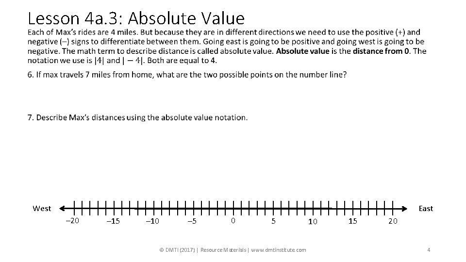 Lesson 4 a. 3: Absolute Value • West East – 20 – 15 –
