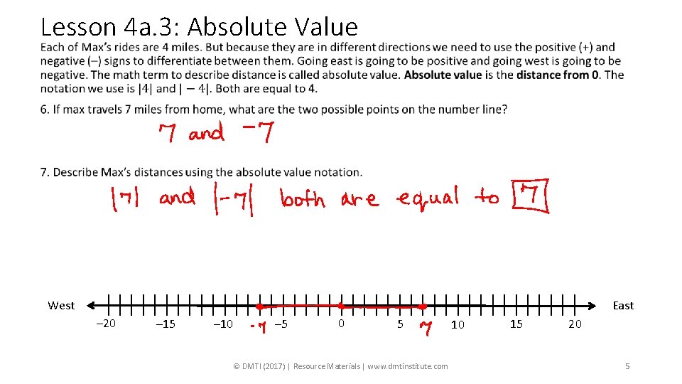 Lesson 4 a. 3: Absolute Value • West East – 20 – 15 –
