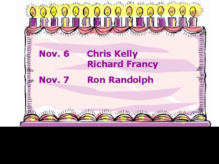 Nov. 6 Chris Kelly Richard Francy Nov. 7 Ron Randolph 