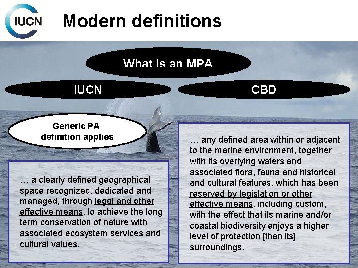 Modern definitions What is an MPA IUCN Generic PA definition applies … a clearly