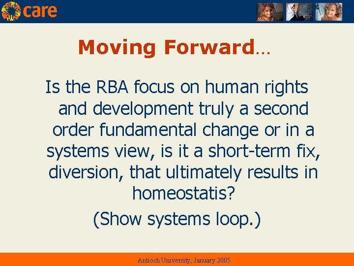 Moving Forward… Is the RBA focus on human rights and development truly a second