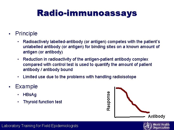 Radio-immunoassays • Principle • Radioactively labelled-antibody (or antigen) competes with the patient’s unlabelled antibody
