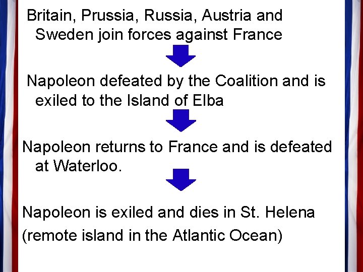 Britain, Prussia, Russia, Austria and Sweden join forces against France Napoleon defeated by the