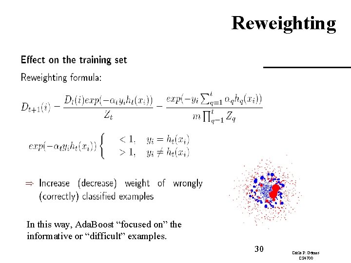 Reweighting In this way, Ada. Boost “focused on” the informative or “difficult” examples. 30