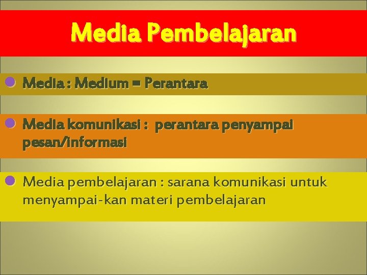 Media Pembelajaran l Media : Medium = Perantara l Media komunikasi : perantara penyampai