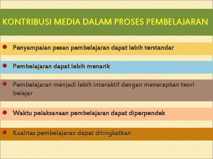 KONTRIBUSI MEDIA DALAM PROSES PEMBELAJARAN l Penyampaian pesan pembelajaran dapat lebih terstandar l Pembelajaran