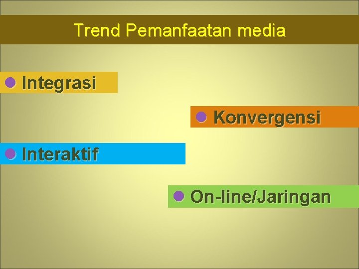 Trend Pemanfaatan media l Integrasi l Konvergensi l Interaktif l On-line/Jaringan 