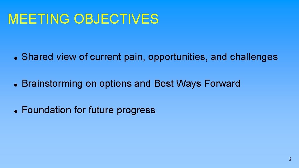 MEETING OBJECTIVES Shared view of current pain, opportunities, and challenges Brainstorming on options and