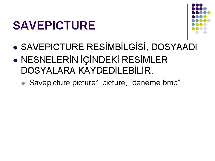 SAVEPICTURE l l SAVEPICTURE RESİMBİLGİSİ, DOSYAADI NESNELERİN İÇİNDEKİ RESİMLER DOSYALARA KAYDEDİLEBİLİR. l Savepicture 1.