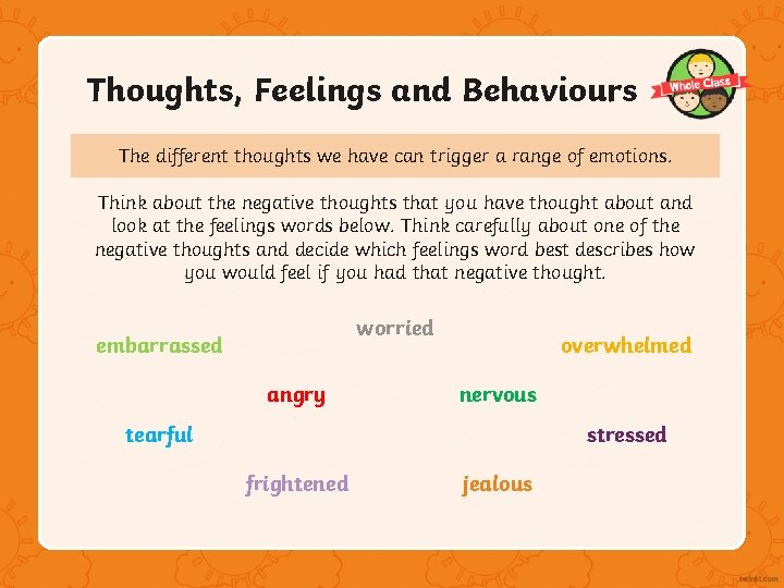 Thoughts, Feelings and Behaviours The different thoughts we have can trigger a range of