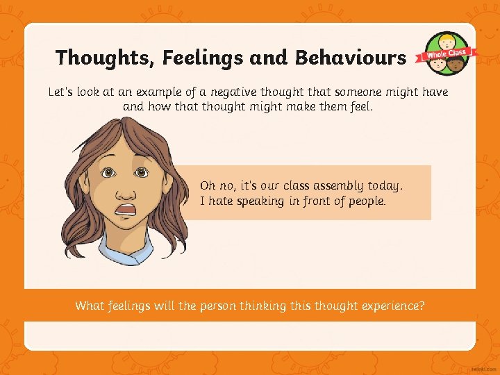 Thoughts, Feelings and Behaviours Let’s look at an example of a negative thought that