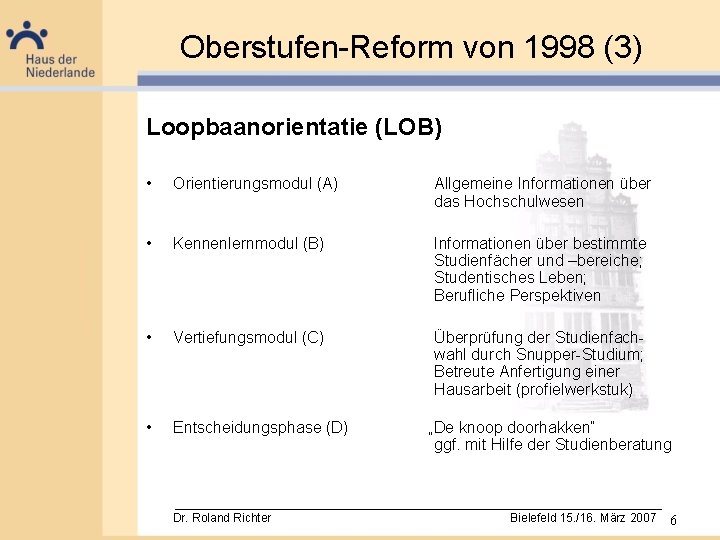 Oberstufen-Reform von 1998 (3) Loopbaanorientatie (LOB) • Orientierungsmodul (A) Allgemeine Informationen über das Hochschulwesen