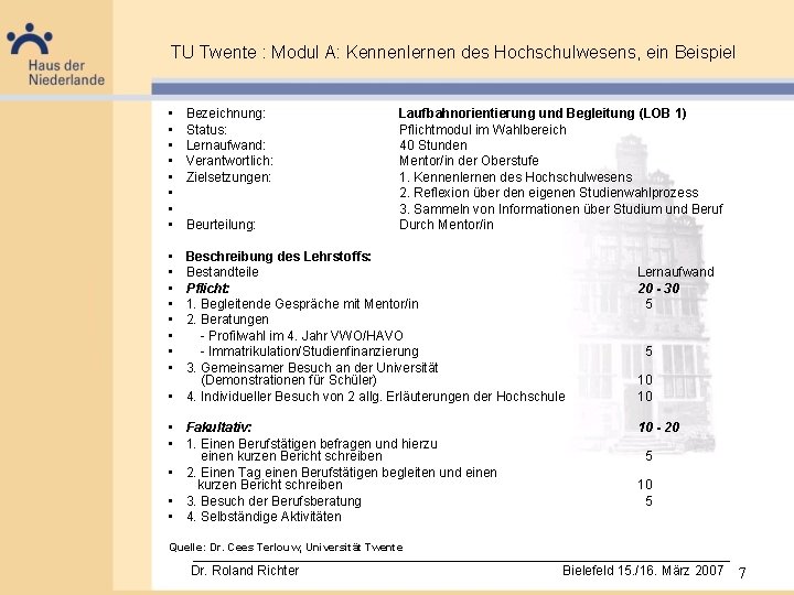 TU Twente : Modul A: Kennenlernen des Hochschulwesens, ein Beispiel • • Bezeichnung: Status: