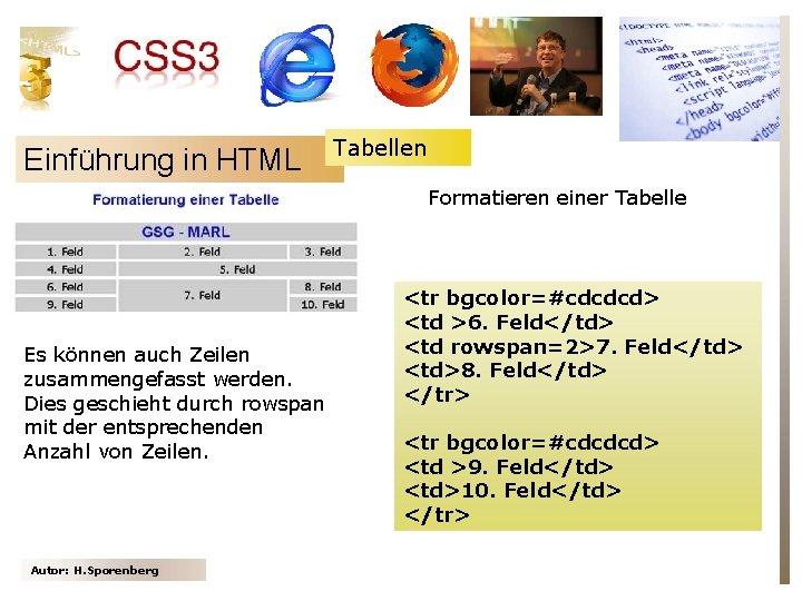 Einführung in HTML Tabellen Formatieren einer Tabelle Es können auch Zeilen zusammengefasst werden. Dies