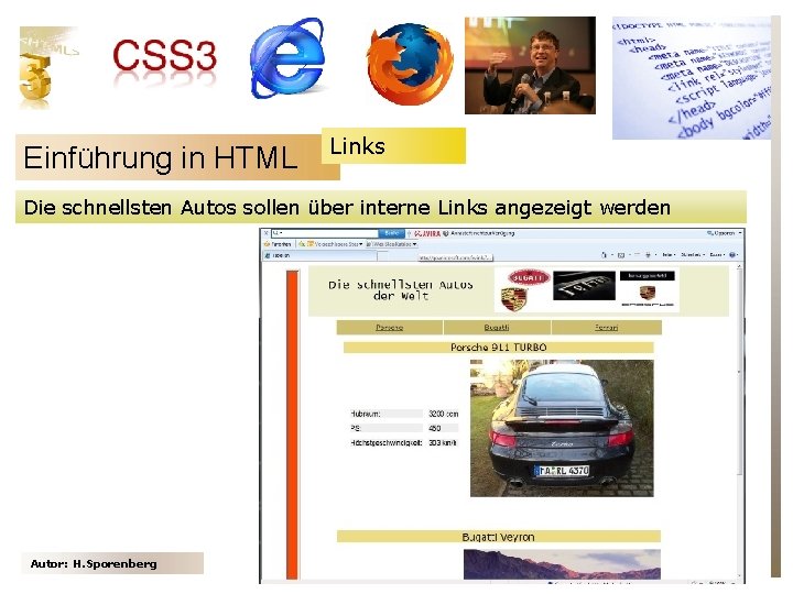 Einführung in HTML Links Die schnellsten Autos sollen über interne Links angezeigt werden Autor: