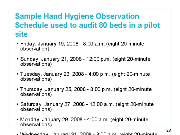 Sample Hand Hygiene Observation Schedule used to audit 80 beds in a pilot site