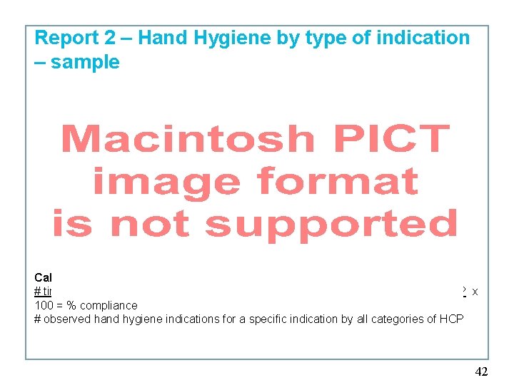 Report 2 – Hand Hygiene by type of indication – sample Calculation: # times