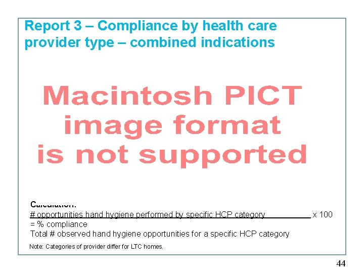 Report 3 – Compliance by health care provider type – combined indications Calculation: #