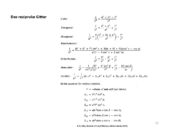 Das reziproke Gitter 10 B. D. Cullity, Elements of X-ray diffraction, Addison-Wesley (1978) 