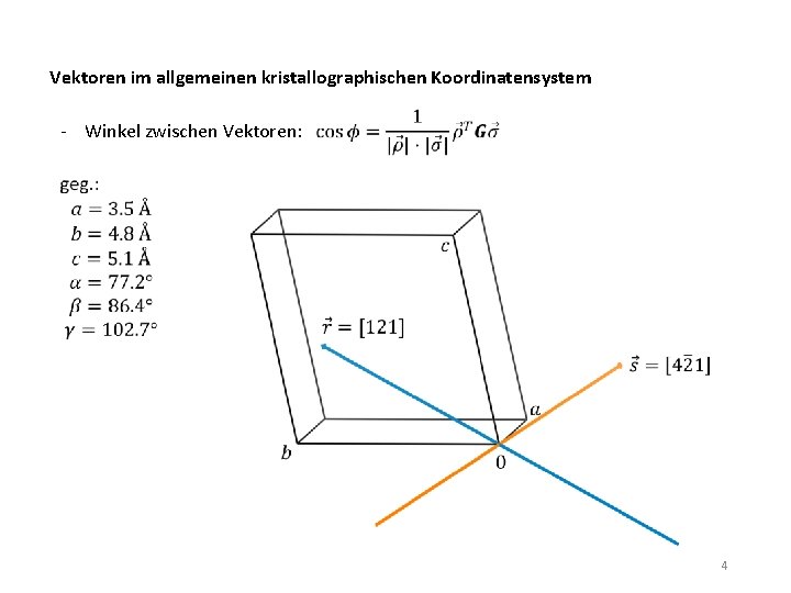 Vektoren im allgemeinen kristallographischen Koordinatensystem - Winkel zwischen Vektoren: 4 