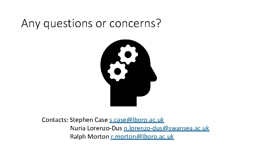 Any questions or concerns? Contacts: Stephen Case s. case@lboro. ac. uk Nuria Lorenzo-Dus n.