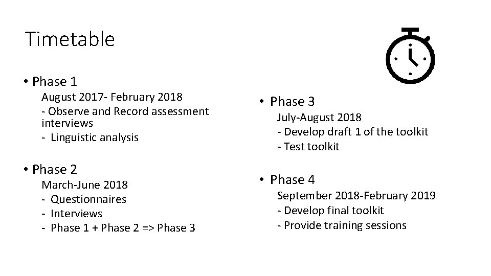 Timetable • Phase 1 August 2017 - February 2018 - Observe and Record assessment