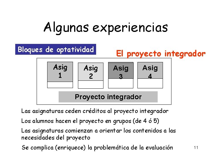 Algunas experiencias Bloques de optatividad Assig Asig 1 Asig 2 Assig El proyecto integrador Algunas experiencias Bloques de optatividad Assig Asig 1 Asig 2 Assig El proyecto integrador