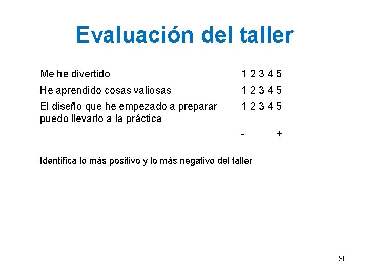 Evaluación del taller Me he divertido 12345 He aprendido cosas valiosas 12345 El diseño Evaluación del taller Me he divertido 12345 He aprendido cosas valiosas 12345 El diseño