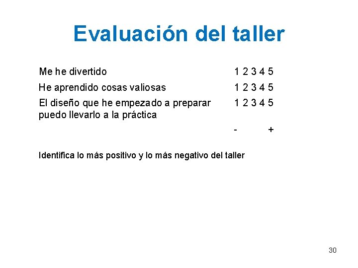 Evaluación del taller Me he divertido 12345 He aprendido cosas valiosas 12345 El diseño