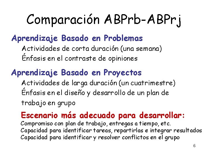 Comparación ABPrb-ABPrj Aprendizaje Basado en Problemas Actividades de corta duración (una semana) Énfasis en