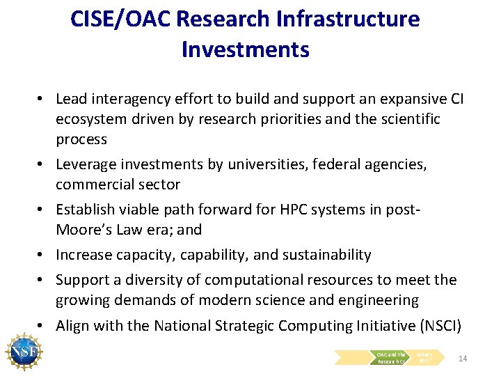 CISE/OAC Research Infrastructure Investments • Lead interagency effort to build and support an expansive