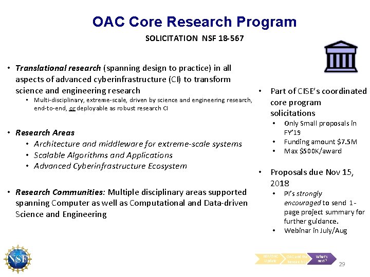 OAC Core Research Program SOLICITATION NSF 18 -567 • Translational research (spanning design to