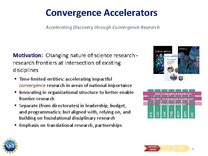 Convergence Accelerators Accelerating Discovery through Convergence Research Motivation: Changing nature of science research ‐