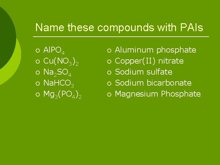 Name these compounds with PAIs ¡ ¡ ¡ Al. PO 4 Cu(NO 3)2 Na