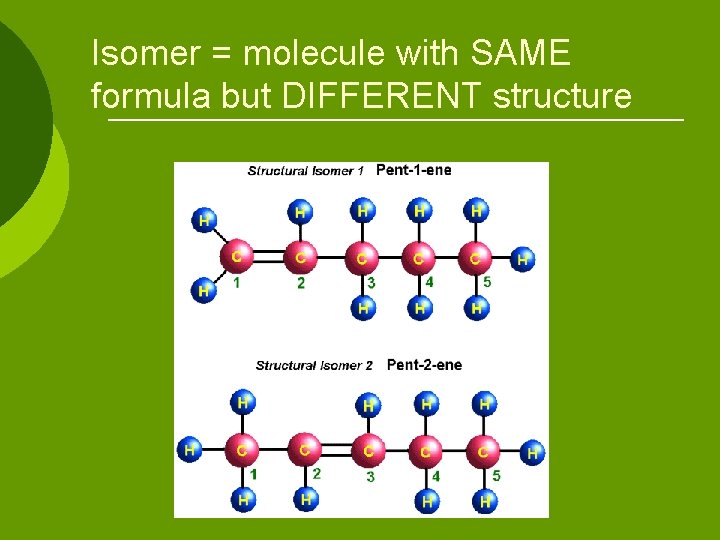 Isomer = molecule with SAME formula but DIFFERENT structure 