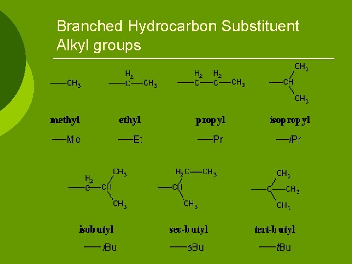 Branched Hydrocarbon Substituent Alkyl groups 