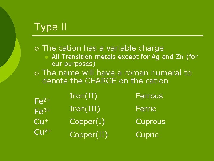 Type II ¡ The cation has a variable charge l ¡ All Transition metals