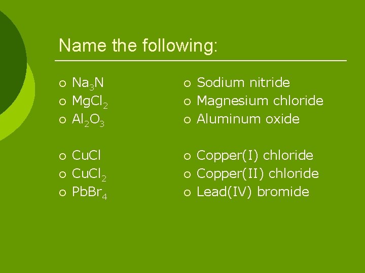 Name the following: ¡ ¡ ¡ Na 3 N Mg. Cl 2 Al 2