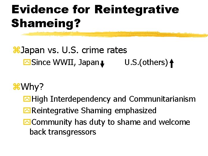 Evidence for Reintegrative Shameing? z. Japan vs. U. S. crime rates y. Since WWII,