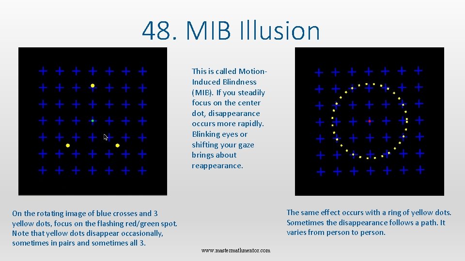 48. MIB Illusion This is called Motion. Induced Blindness (MIB). If you steadily focus