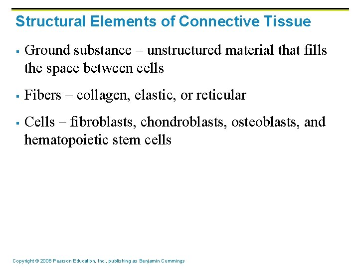Structural Elements of Connective Tissue § § § Ground substance – unstructured material that