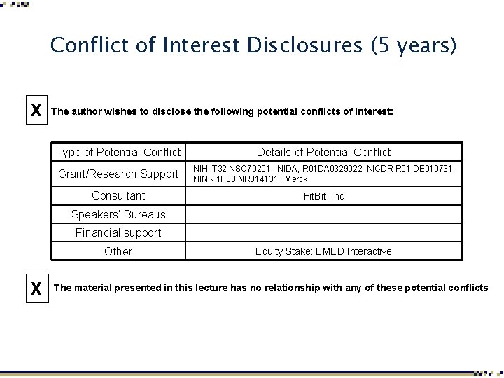 Conflict of Interest Disclosures (5 years) X The author wishes to disclose the following