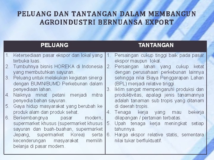 PELUANG DAN TANTANGAN DALAM MEMBANGUN AGROINDUSTRI BERNUANSA EXPORT PELUANG TANTANGAN 1. Ketersediaan pasar ekspor