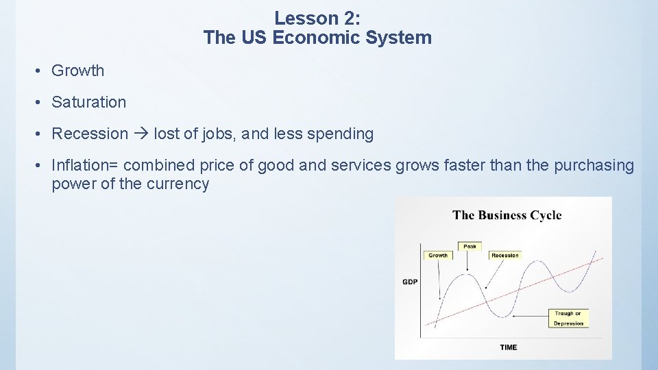 Lesson 2: The US Economic System • Growth • Saturation • Recession lost of