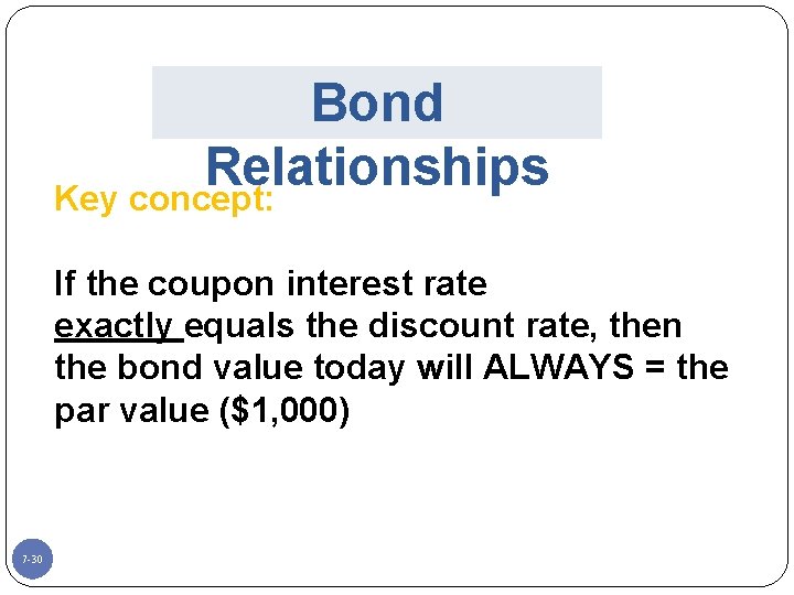 Bond Relationships Key concept: If the coupon interest rate exactly equals the discount rate,