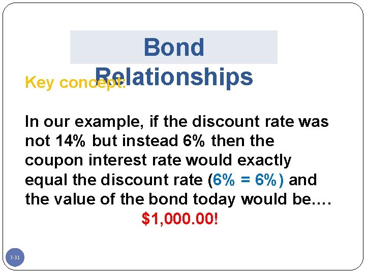 Bond Relationships Key concept: In our example, if the discount rate was not 14%