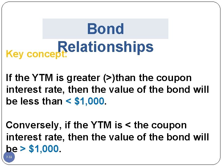 Bond Relationships Key concept: If the YTM is greater (>)than the coupon interest rate,