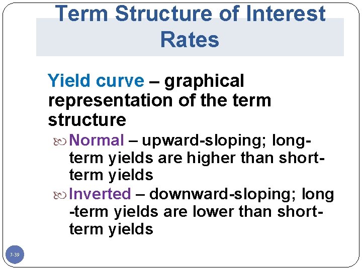 Term Structure of Interest Rates Yield curve – graphical representation of the term structure