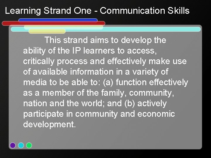 Learning Strand One - Communication Skills This strand aims to develop the ability of