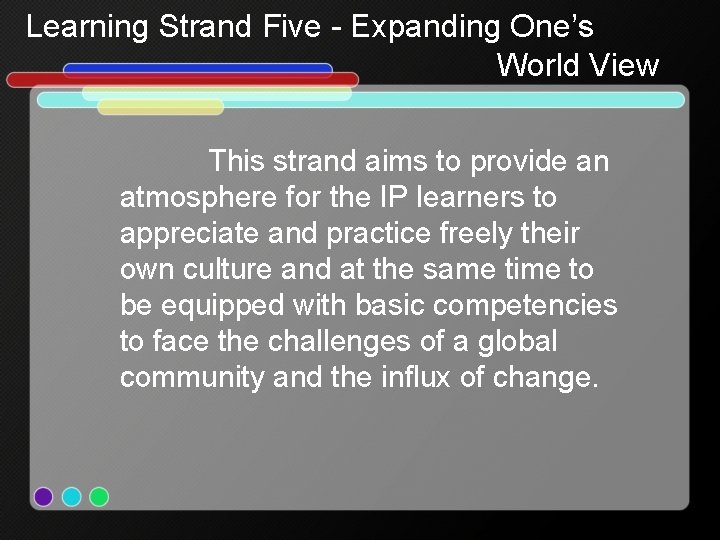 Learning Strand Five - Expanding One’s World View This strand aims to provide an